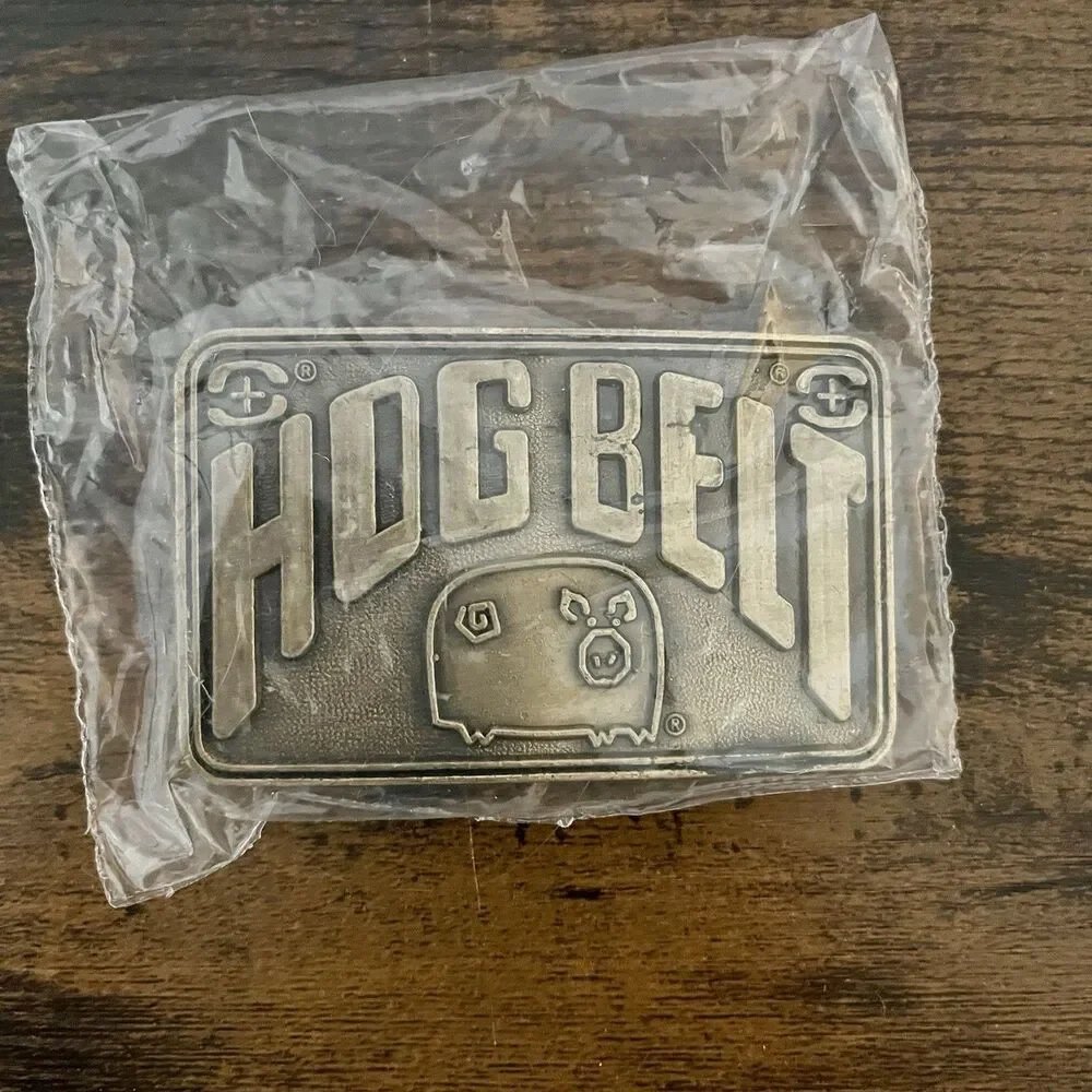 Vintage 1970s Hog Belt Pig Pork Producer Brass Belt Buckle Charles City Iowa NIP